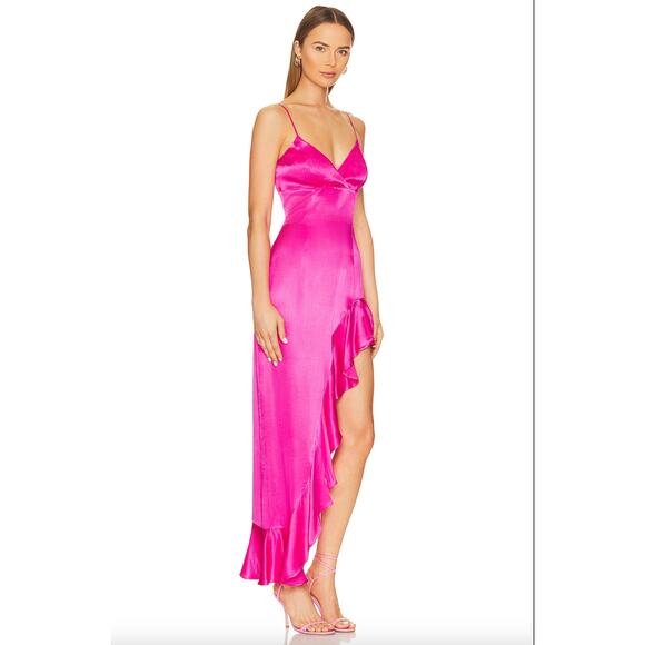 Revolve Bardot Ember Midi Dress Hot Pink High Low Asymmetrical V-Neck Large Sexy - Picture 3 of 14
